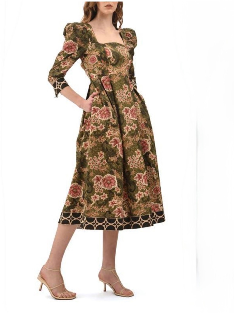 Celina Moon Green Floral Midi Dress With Square Neck Size L Nwot